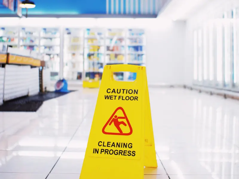 Wet floor caution sign on a clean store floor